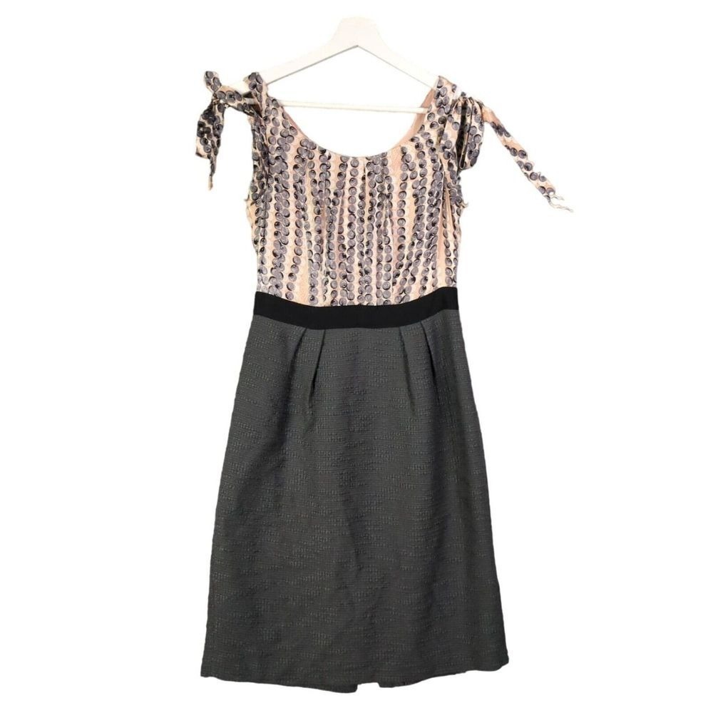 Milly Women‎ Twee Coquette Silk Top Wool Blend Skirt Dress 4 Grey Pink Polka Dot